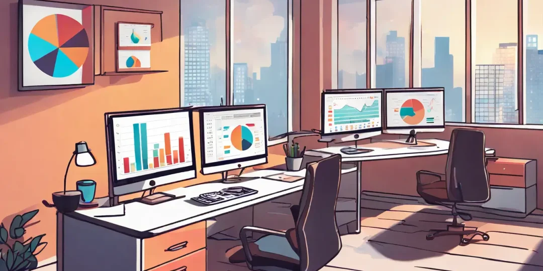 Dois monitores de computador exibindo gráficos, um com gráfico de barras e outro com gráfico circular, em uma mesa moderna de escritório.