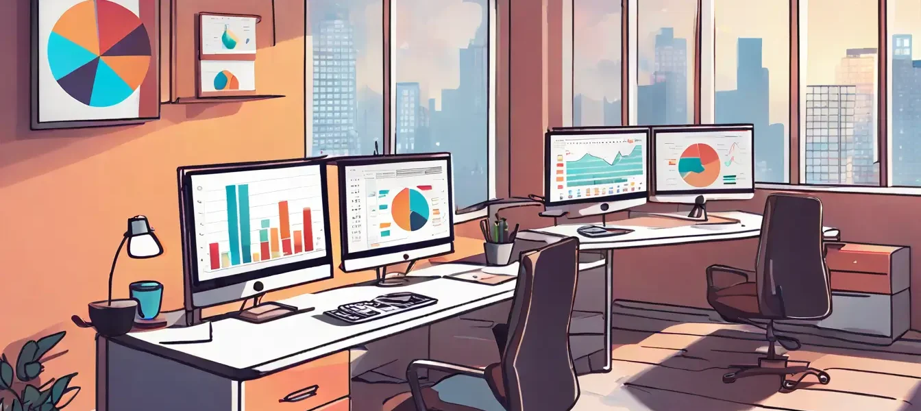 Dois monitores de computador exibindo gráficos, um com gráfico de barras e outro com gráfico circular, em uma mesa moderna de escritório.