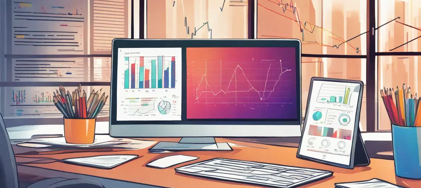 Escritório moderno com computador exibindo gráficos de marketing, livros, bloco de notas com dados estatísticos e tablet com dashboard de site.