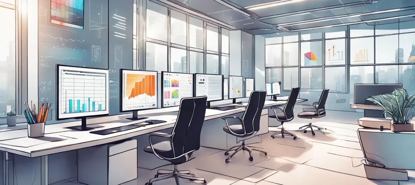 Escritório moderno com dispositivos digitais exibindo gráficos e dashboards de análise, refletindo tendências de otimização de conversão para 2024.