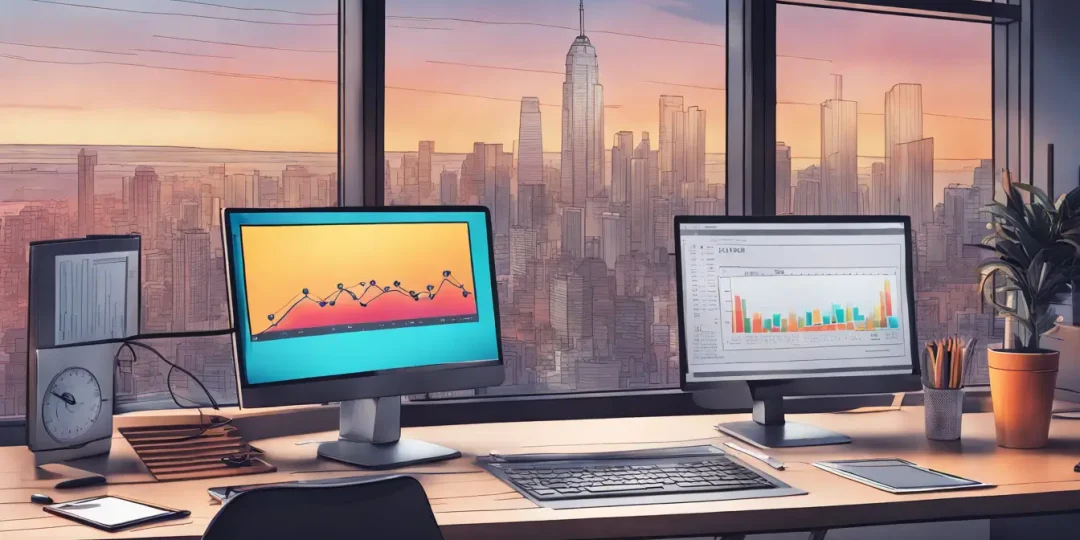 Imagem de uma estação de trabalho digital com um computador exibindo um gráfico de aumento nas conversões de vendas e um cronômetro ao lado, simbolizando velocidade.