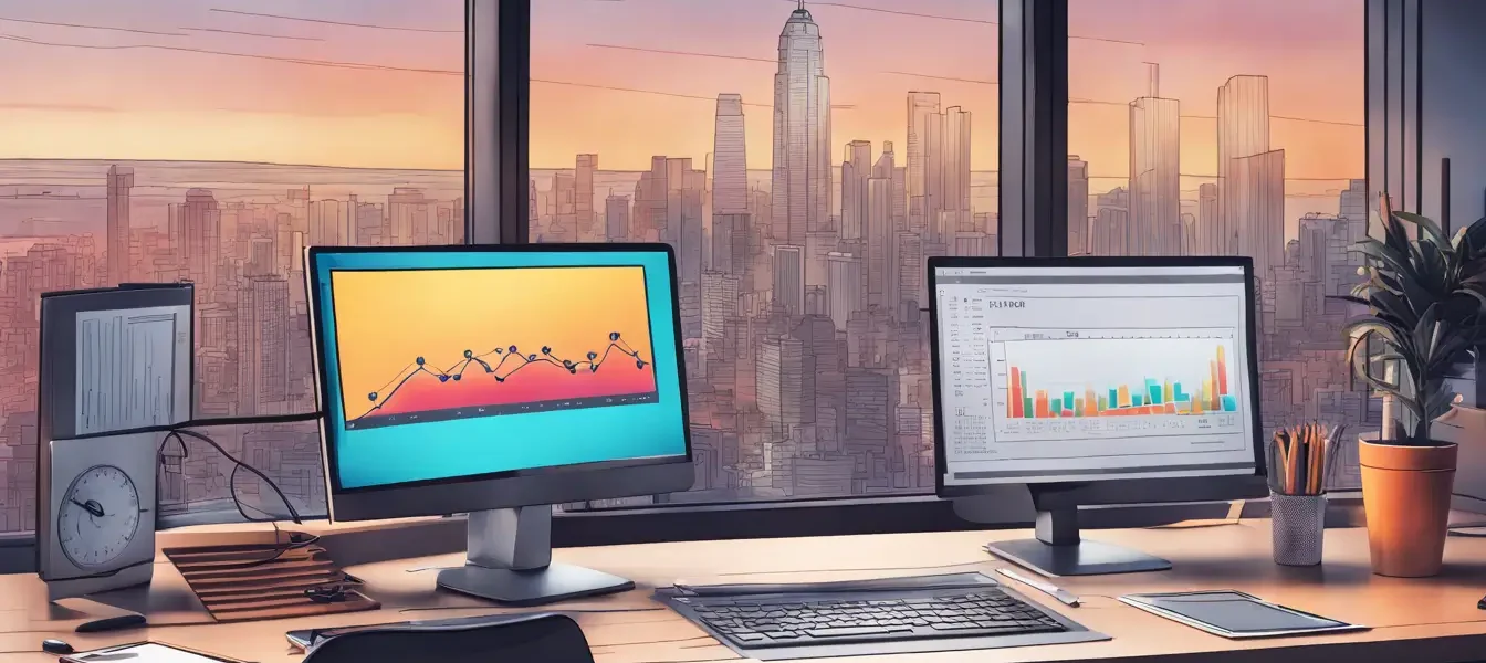 Imagem de uma estação de trabalho digital com um computador exibindo um gráfico de aumento nas conversões de vendas e um cronômetro ao lado, simbolizando velocidade.