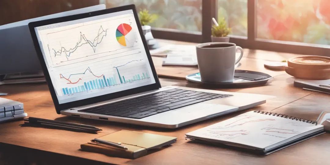 Imagem de uma estação de trabalho digital com laptop aberto mostrando gráfico de vendas crescentes e como otimizar uma página de vendas, bloco de notas e xícara de café sobre uma mesa de madeira.