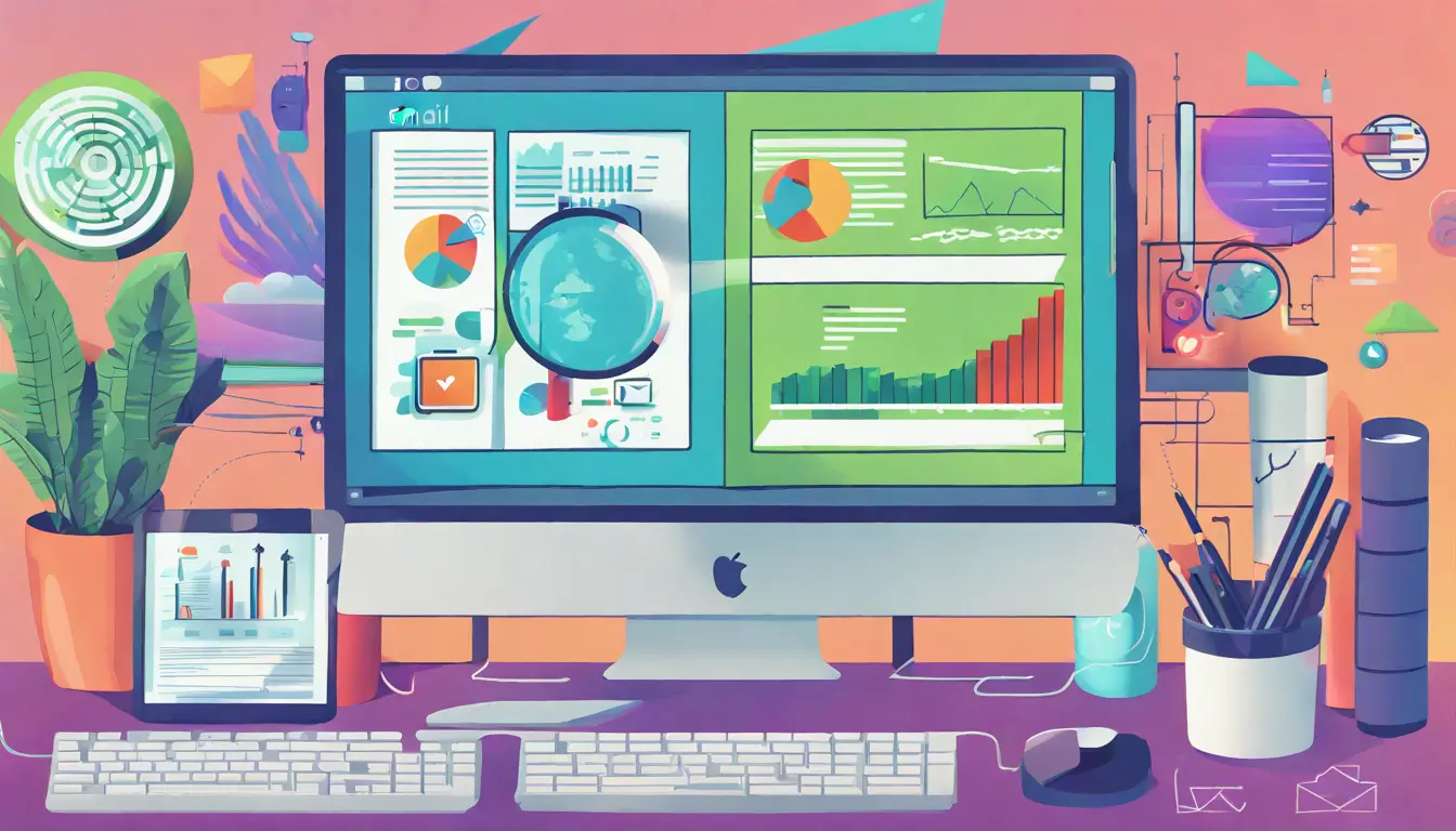 Dois monitores de computador exibindo gráficos de marketing digital, destacando o uso de testes A/B em um ambiente de escritório moderno.