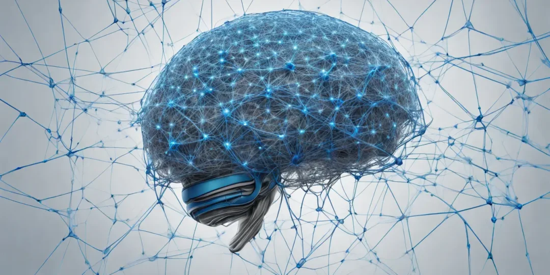 Imagem representando uma rede neural com nós interconectados em tons de azul, simbolizando a psicologia da conversão em vendas online.